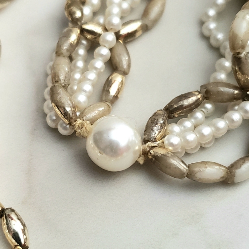 Gold and White Pearl and Mixed Bead Long Necklace 14" - Picture 3 of 8